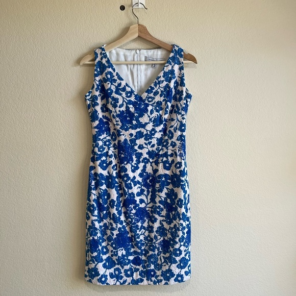 Carmen Marc Valvo Cotton Eyelet Blue White Floral Sheath Dress 6 - Picture 1 of 8